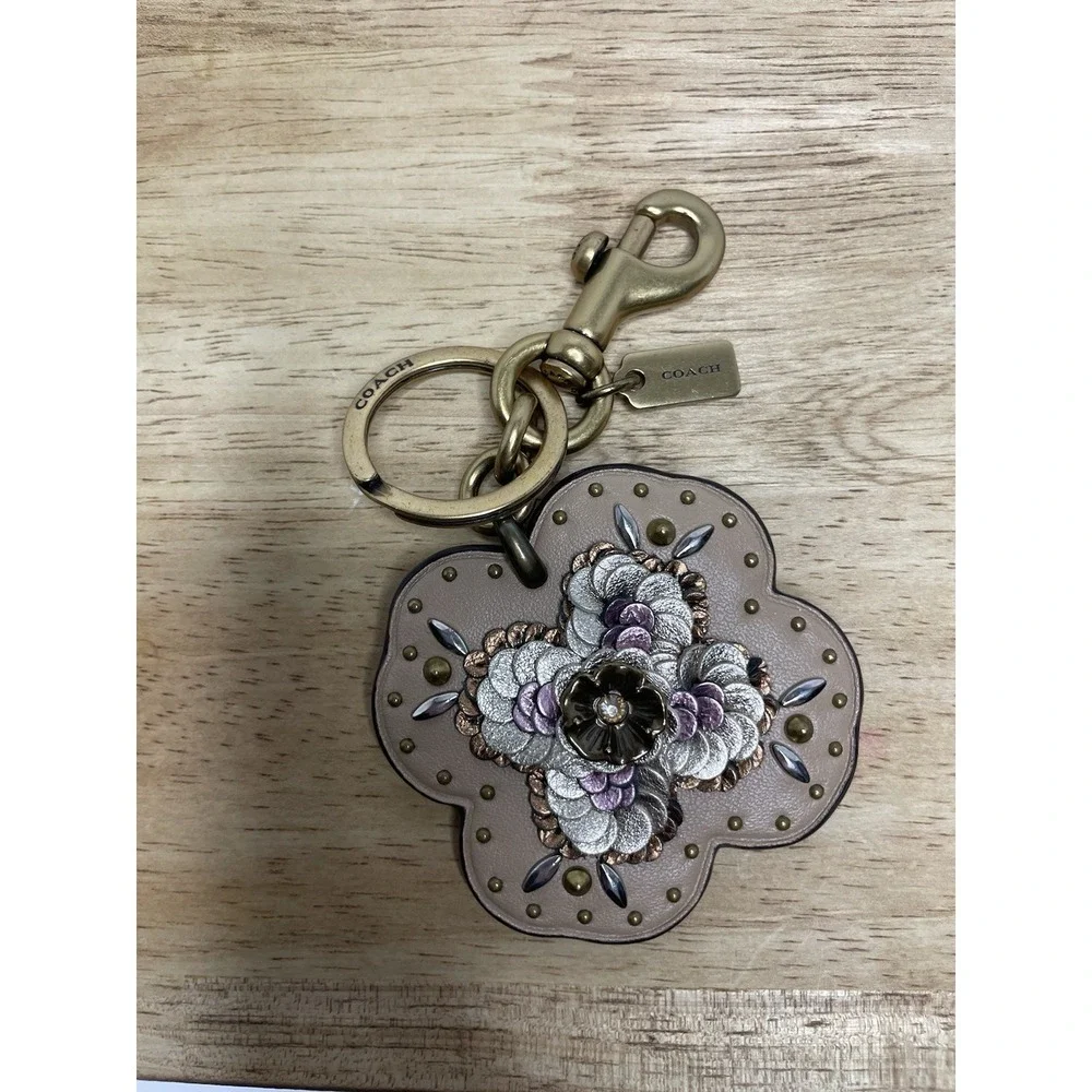 COACH Leather Sequin Appliqué Tea Rose Bag Charm in Beechwood and Gold - Picture 7 of 8